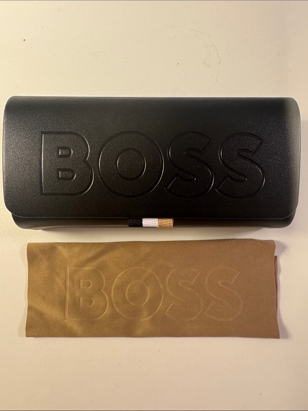 BOSS Black Eyewear Sunglasses Case with Tricolor Tab and cloth